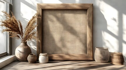 Poster - Cozy and tranquil autumn inspired rustic home decor scene with a wooden frame vase of flowers and various natural elements like woven baskets and wheat
