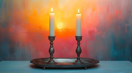 Wall Mural - Sunset candlesticks, tray, remembrance, painted background, serenity
