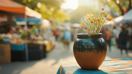 Wall Mural - Young earthen pot adorned with flowers on display in a vibrant open air market with a blurred festive background.