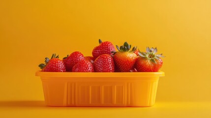 Wall Mural - Vibrant yellow plastic container brimming with fresh strawberries featuring a selective focus against a striking orange backdrop