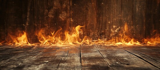 Wall Mural - wooden floor with flames in front of dark wood wall background