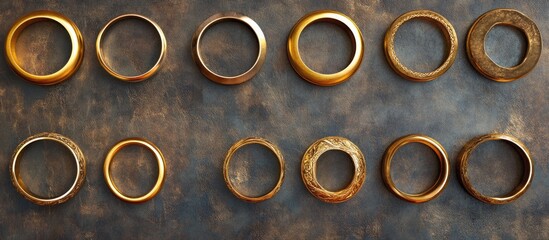 Weathered metal rings arranged on textured surface in two rows