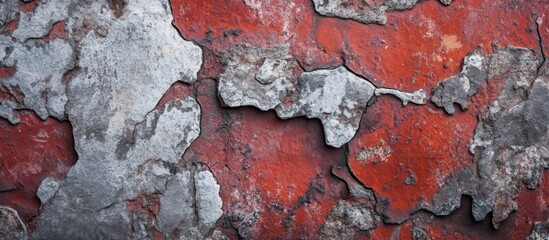 Wall Mural - Textured close-up of peeling red paint with metallic silver underlayer on weathered surface ideal for backgrounds and abstract designs Copy Space