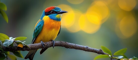 Wall Mural - Colorful bird perched on a branch with vibrant background lights and natural bokeh Copy Space