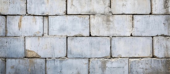 Wall Mural - Textured concrete wall with aligned bricks in varying shades of gray and distressed surface featuring copy space for text.