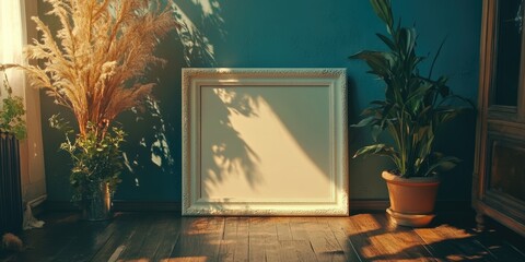 Wall Mural - empty picture frame on wooden floor with houseplants and sunlight creating shadows against a blue wa