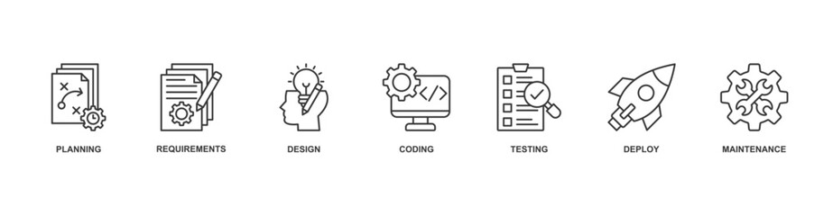 Software Development icon vector illustration concept with icon of planning, requirements, design, coding, testing, deploy, maintenance