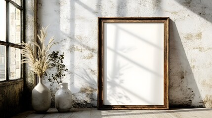 Poster - Minimalist and rustic interior design with a wooden frame decorative ceramic vases and natural plants displayed on a vintage wall with soft window light and shadow effects