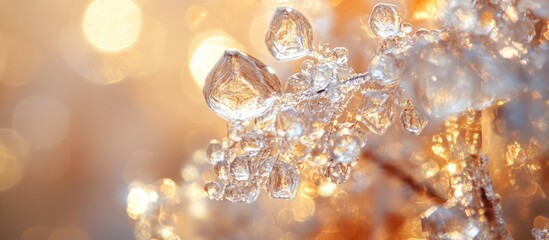 Wall Mural - close-up of glittering ice crystals with warm bokeh background and copy space for text.