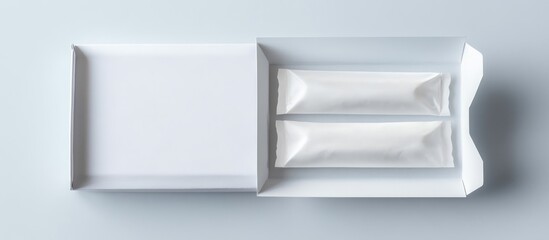 Wall Mural - minimalistic white packaging design on a light background with two pouches and a rectangular tray co