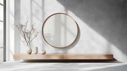 Aufkleber - Minimalist natural inspired interior design with a wooden display shelf ceramic vase and round mirror in a bright airy room with large window and cozy serene ambiance