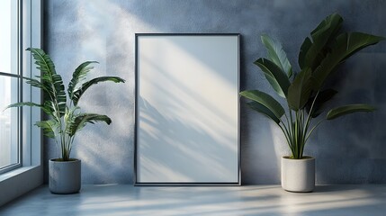 Poster - Minimalist modern interior design with green plants and natural sunlight shining through large window in cozy home or contemporary office space  Calm