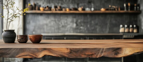 Wall Mural - rustic wooden table with decorative pottery and shelves in modern kitchen interior copy space