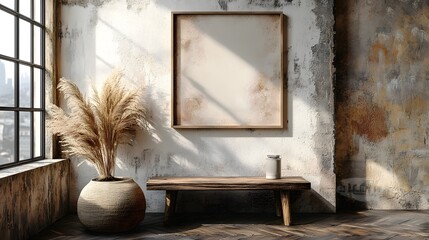 Poster - Minimalist rustic interior design with a simple wooden bench natural decor elements and sunlight streaming through the window frame in a cozy contemporary living space