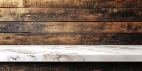 Wall Mural - Wooden wall with marble countertop Copy Space for text placement