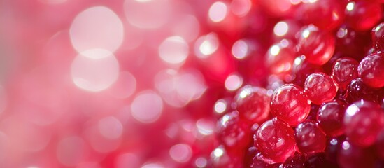 Wall Mural - Close-up of red juicy pomegranate seeds with a blurred background and bokeh effect Copy Space