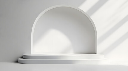 Poster - Minimalistic white geometric pedestal or platform display setup in a modern clean interior studio backdrop  Blank space for product or advertising mock up with shadows and lighting effects