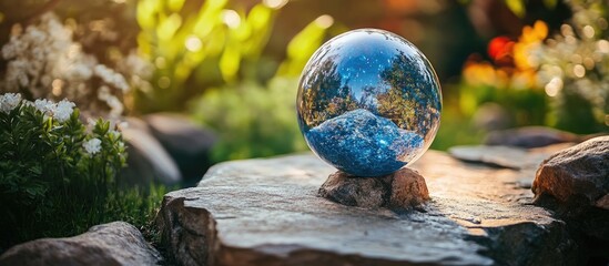 Wall Mural - glass globe reflecting nature scene on stone surface with blurred garden background copy space