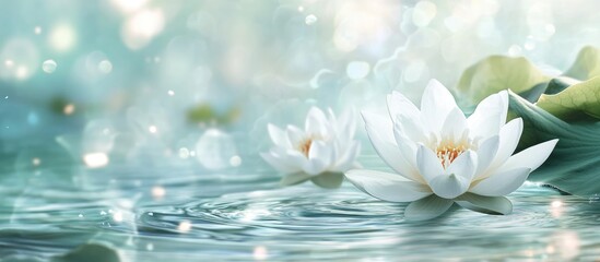 Canvas Print - White Lotus Flowers on Water with Soft Focus Background and Copy Space