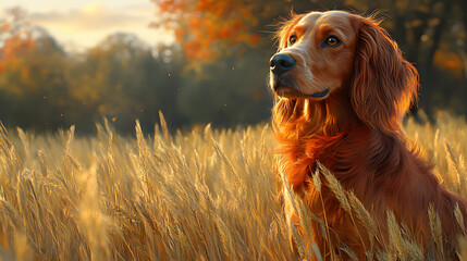 A dog with long hair is standing in the sun. The dog's fur is brown and it has a beautiful, shiny appearance