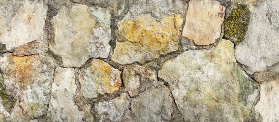 Wall Mural - Rustic stone wall texture with irregularly shaped stones and patches of moss.