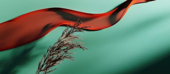 Canvas Print - Red ribbon flowing alongside dried grass against a soft teal background with ample copy space for text insertion.