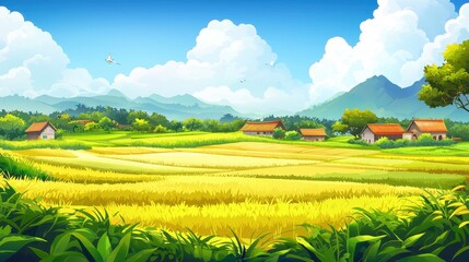 Wall Mural - Serene Asian Village Rice Paddies Mountain View