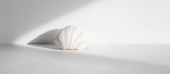 Wall Mural - White scallop shell on a light surface with soft shadows and ample copy space for text placement