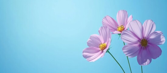 Wall Mural - Pink cosmos flowers on a blue background with copy space for text placement