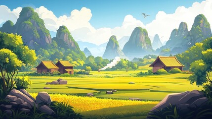 Wall Mural - Serene Asian Village nestled among verdant rice paddies and mountains