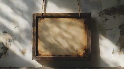 Aufkleber - Rustic wooden frame casting soft natural light and shadows on an aged distressed interior wall  Empty space for artwork photography or home decor display in a minimalist shabby chic style