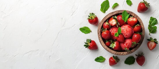 Wall Mural - Fresh Strawberries in Wooden Bowl with Green Leaves on White Background with Copy Space