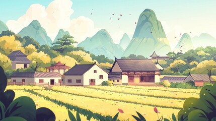 Wall Mural - Tranquil Asian Village nestled amongst rolling green hills