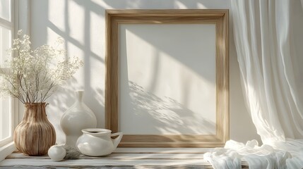 Poster - Serene and elegant home interior with soft natural lighting casting shadows on delicate curtains a vase of fresh flowers and minimalist decor creating a peaceful tranquil atmosphere