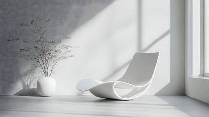 Poster - Serene and Elegant Minimalist Living Room Design with Sleek Curved Chair Wooden Accent Piece and Natural Light Flooding the Space for a Calming Inviting Ambiance