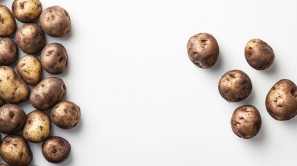 Canvas Print - Fresh organic potatoes on a white background with copy space for text placement. Variety of sizes and textures visible.