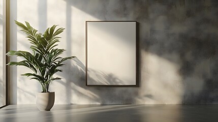 Poster - Serene and Inviting Tropical Plant Decor in Minimalist Interior Room with Warm Natural Lighting and Soothing Shadows on Wall