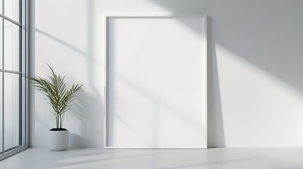 Poster - Serene and Peaceful Minimalist Interior Design with Potted Green Plant and Bright Natural Light Streaming Through Large Window  Calming and Harmonious Atmosphere in Cozy Living or Studio Space