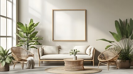 Aufkleber - Serene and Sophisticated Living Space with Neutral Tones Plush Furniture and Abundant Greenery for a Relaxing and Inviting Ambiance