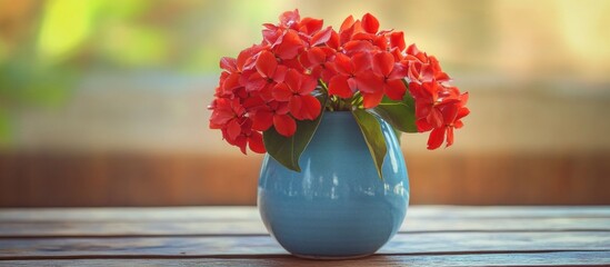 Wall Mural - Vibrant red flowers in a blue vase on a wooden table with soft blurred background and copy space for text