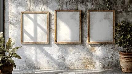 Aufkleber - Three minimal rustic wooden frames hanging on a textured wall with natural light and shadow effects  Potted plant and vase add a touch of greenery