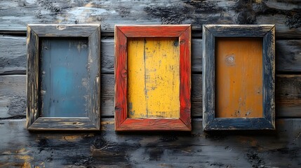 Aufkleber - Three vintage distressed wooden frames mounted on a rough weathered wood wall with blank copy space for display home decor or design template
