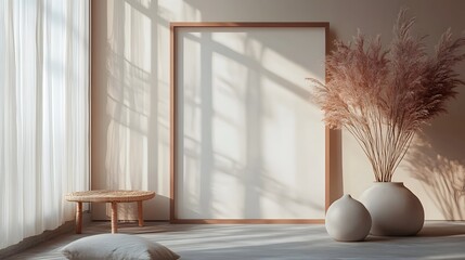 Poster - Tranquil and serene minimalist interior design with geometric vases natural lighting and a calming cozy atmosphere  The room features soft shadows elegant textures and a refined modern aesthetic