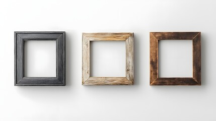Aufkleber - Trio of Vintage Rustic Wooden Frames in Different Tones and Finishes Arranged on a Clean White Background Providing a Minimalist and Elegant Setup for Displaying Wall Art Photos