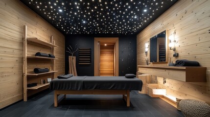 Wall Mural - Spa room with massage table, lit ceiling and wood walls for relaxation