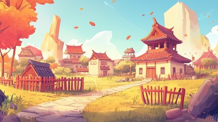 Wall Mural - Autumnal Village Scene with Asian Style Architecture