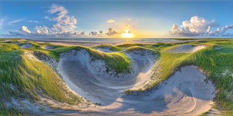 Wall Mural - Scenic Green Sand Dunes Under Summer Sky with Golden Sunset Clouds Overlooking Vast Ocean Horizon