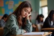 © SimpleDesignStudio - A Deeply Concentrated Female Student Engaged in an Academic Assessment within a Classroom Environment, Surrounded by Classmates Amidst a Learning Atmosphere