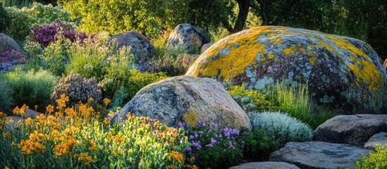 Wall Mural - lush garden landscape featuring large boulders and vibrant flowers with natural light and greenery c