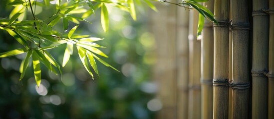 Wall Mural - bamboo stalks with green leaves in soft focus background sunlight natural setting with copy space